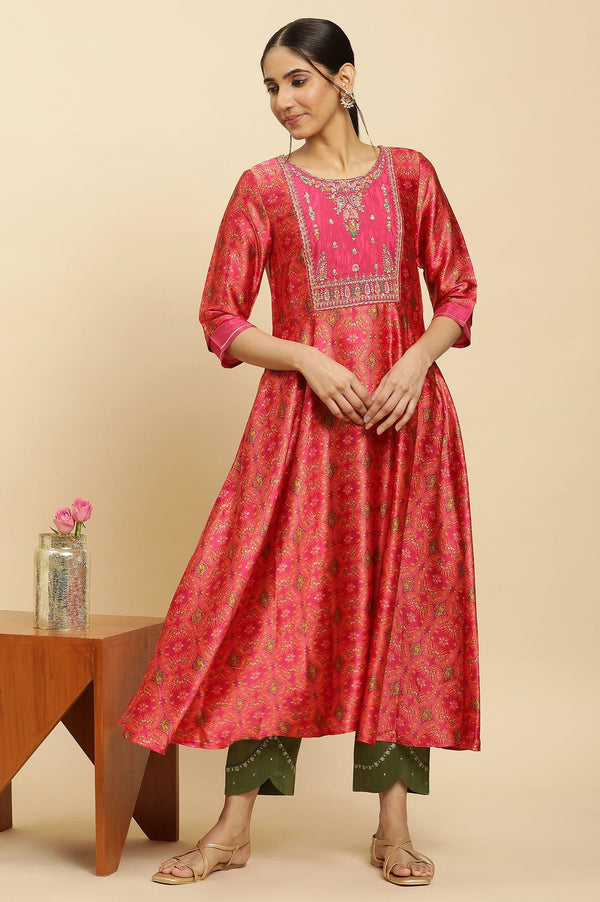 Pink Paisley Printed Flared Kurta With Embroidered Yoke