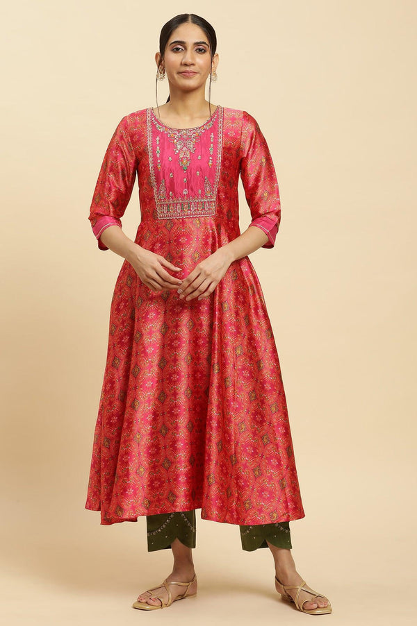 Pink Paisley Printed Flared Kurta With Embroidered Yoke