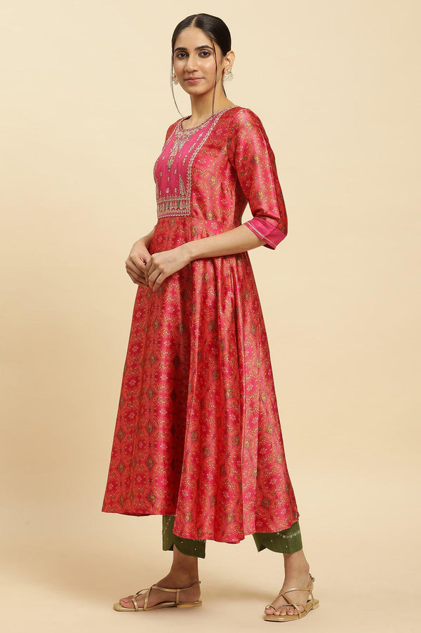 Pink Paisley Printed Flared Kurta With Embroidered Yoke