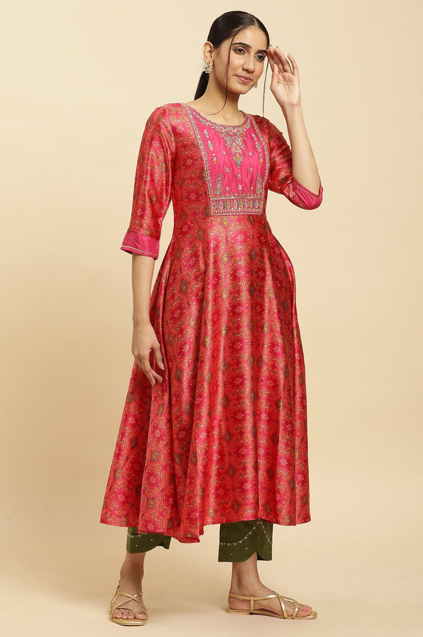 Pink Paisley Printed Flared Kurta With Embroidered Yoke