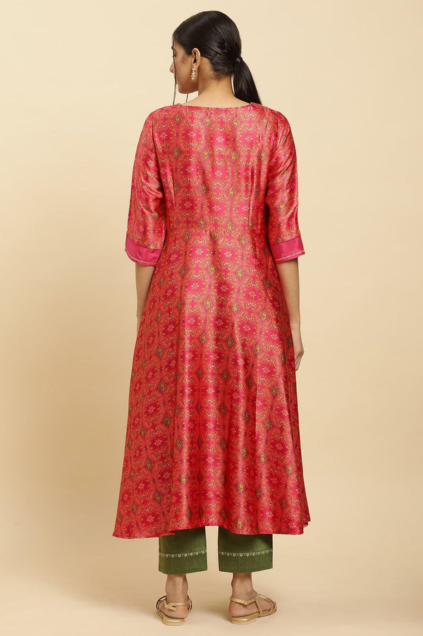 Pink Paisley Printed Flared Kurta With Embroidered Yoke