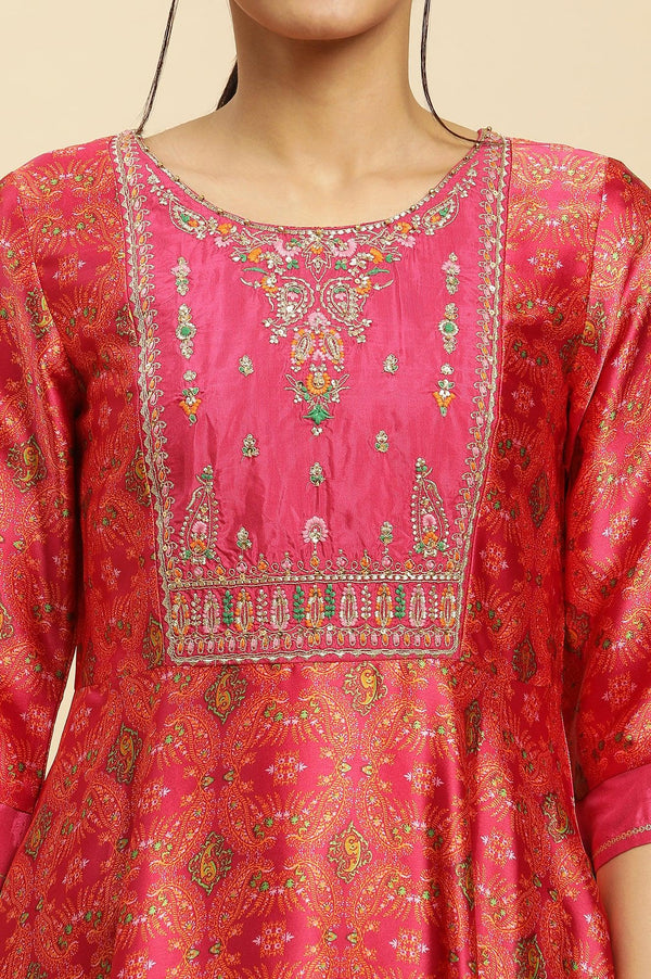 Pink Paisley Printed Flared Kurta With Embroidered Yoke
