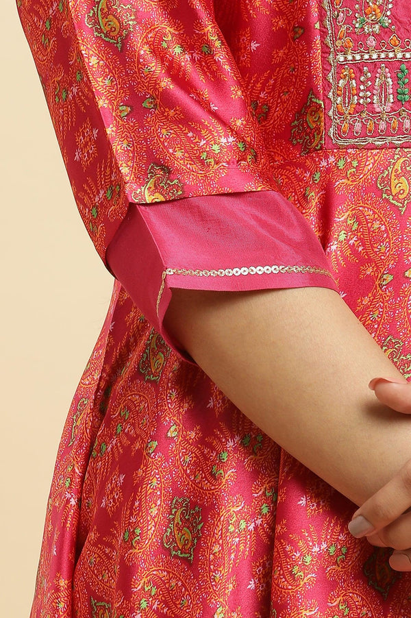 Pink Paisley Printed Flared Kurta With Embroidered Yoke