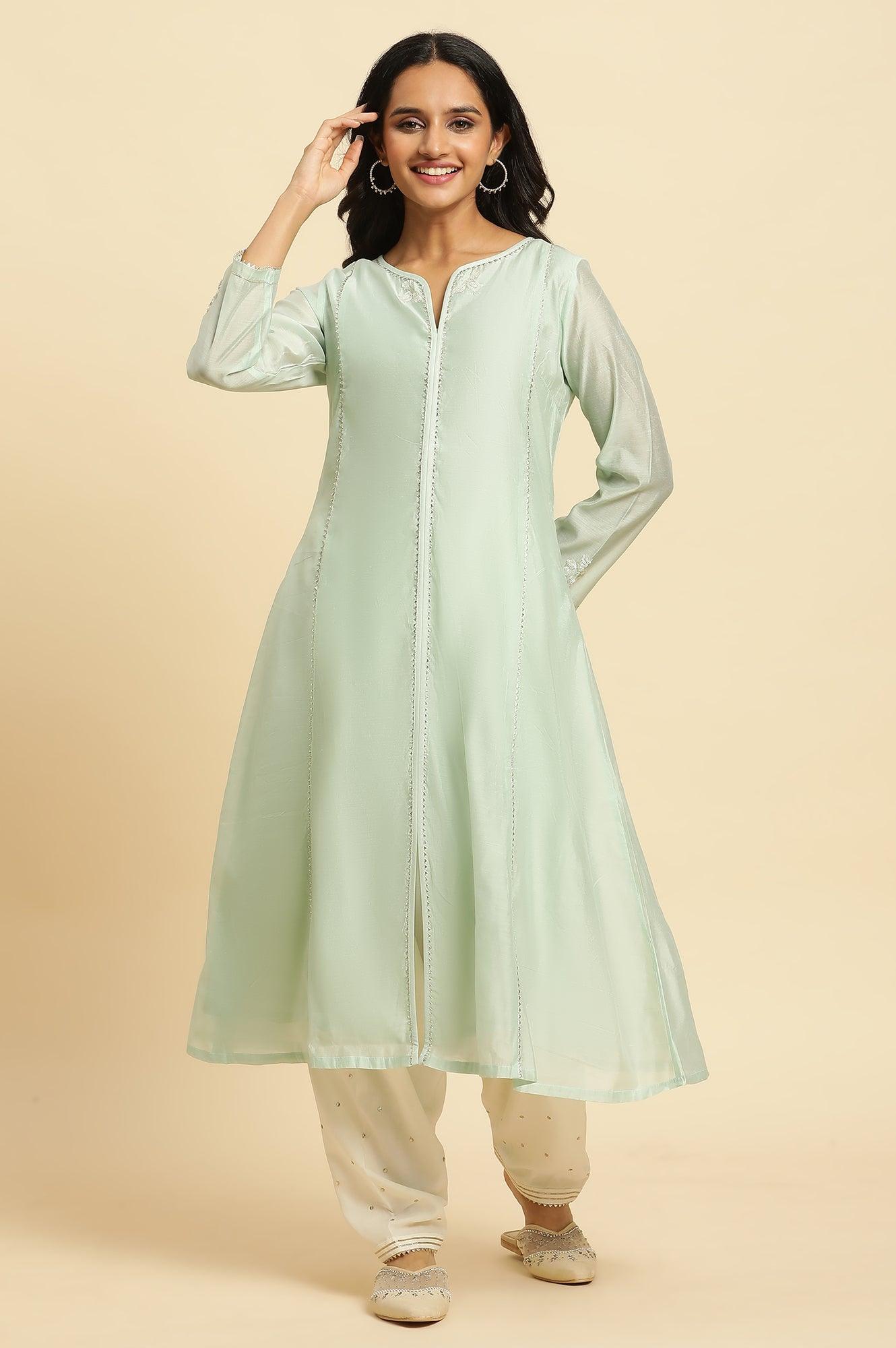 Mint Green Panelled Chanderi Kurta - wforwoman