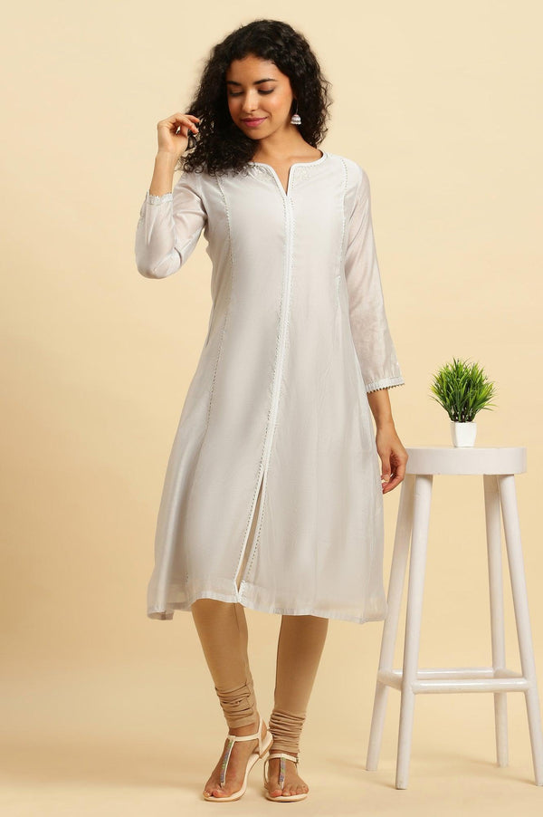 Grey Panelled Chanderi Zari Embroidered Straight Kurta