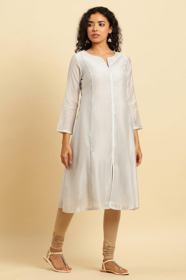 Grey Panelled Chanderi Zari Embroidered Straight Kurta