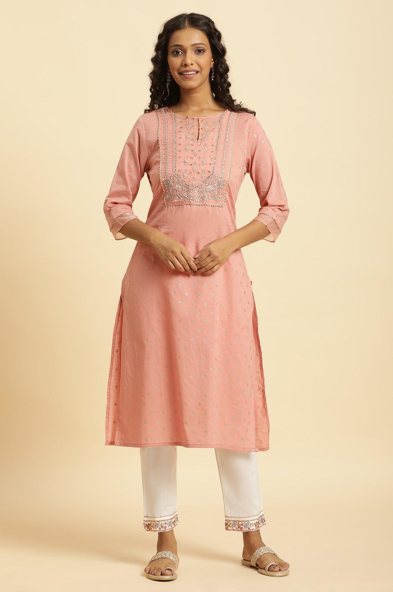 Pink Embroidered Kurta With Gota Trims - wforwoman