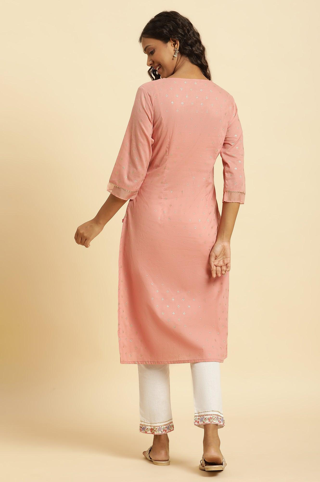 Pink Embroidered Kurta With Gota Trims - wforwoman