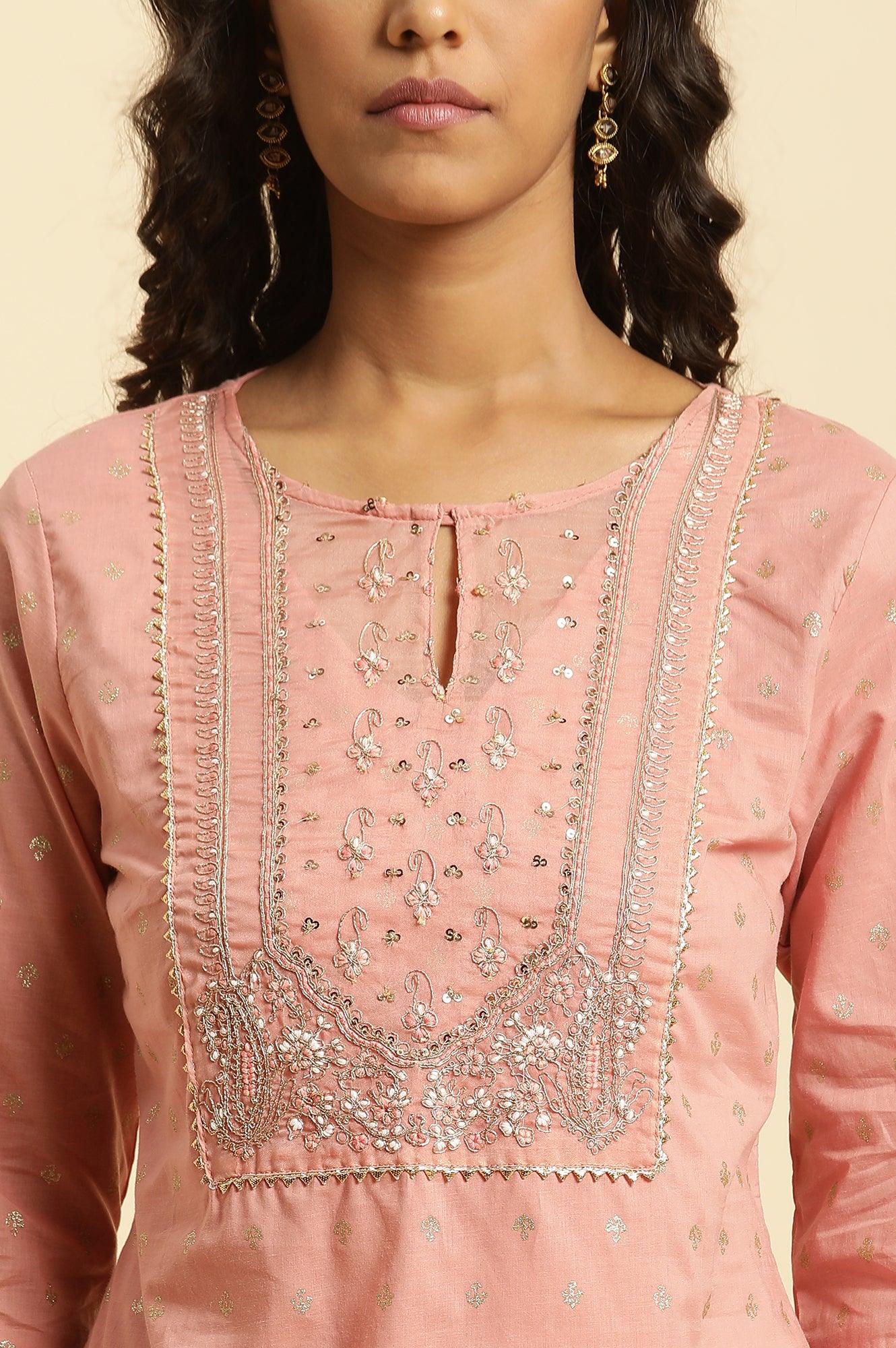 Pink Embroidered Kurta With Gota Trims - wforwoman