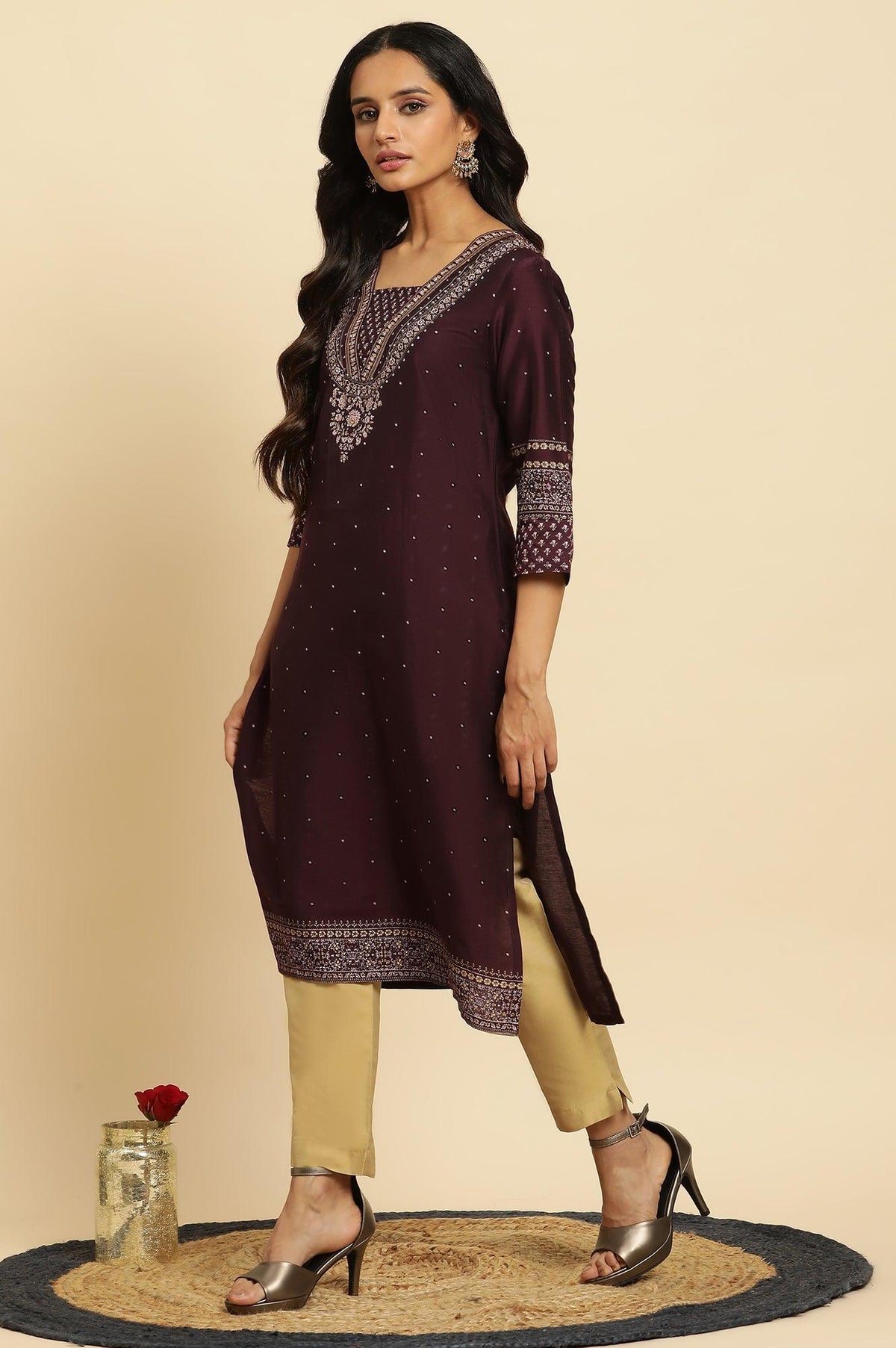 Purple Embellished Straight Festive Kurta - XS