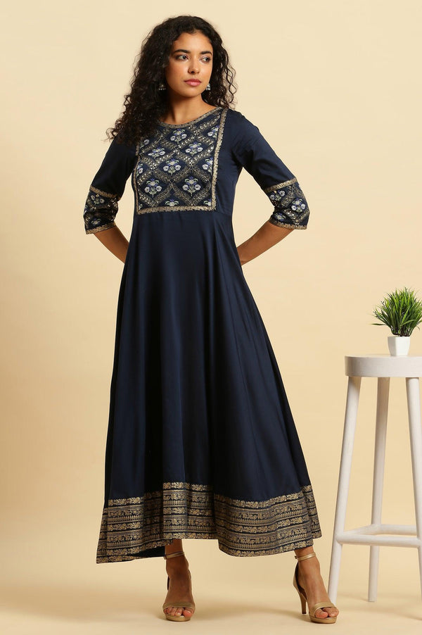 Blue Panelled Embroidered Festive Flared Dress