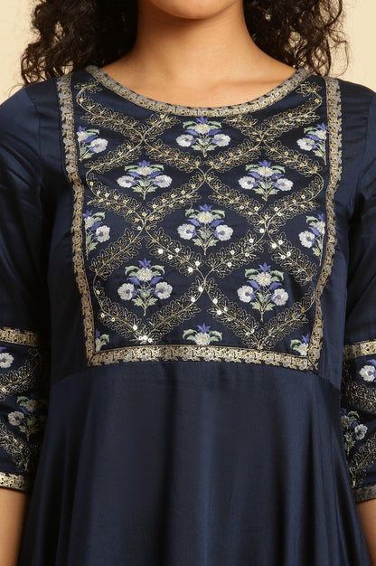 Blue Panelled Embroidered Festive Dress - wforwoman