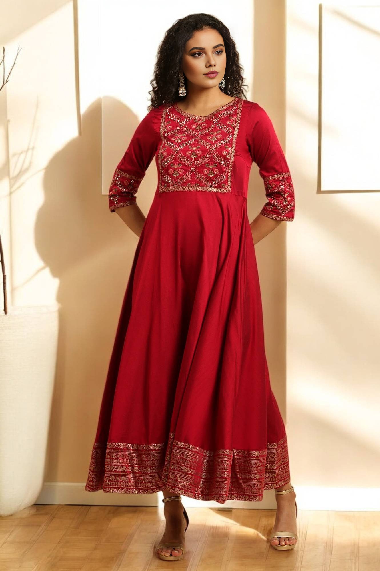 Red Panelled Embroidered Festive Dress
