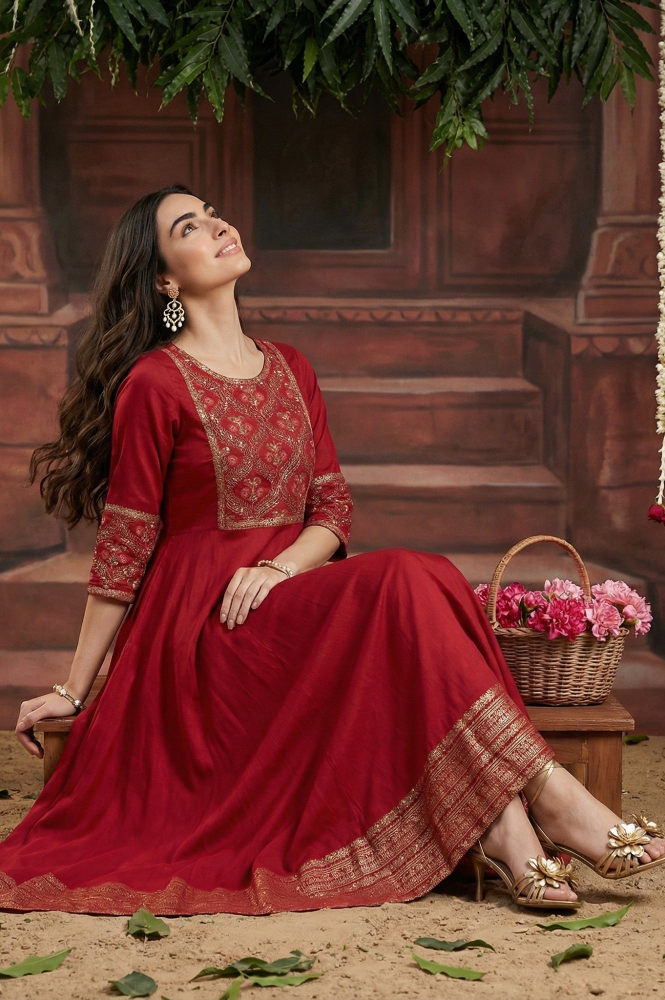 Red Panelled Embroidered Festive Dress
