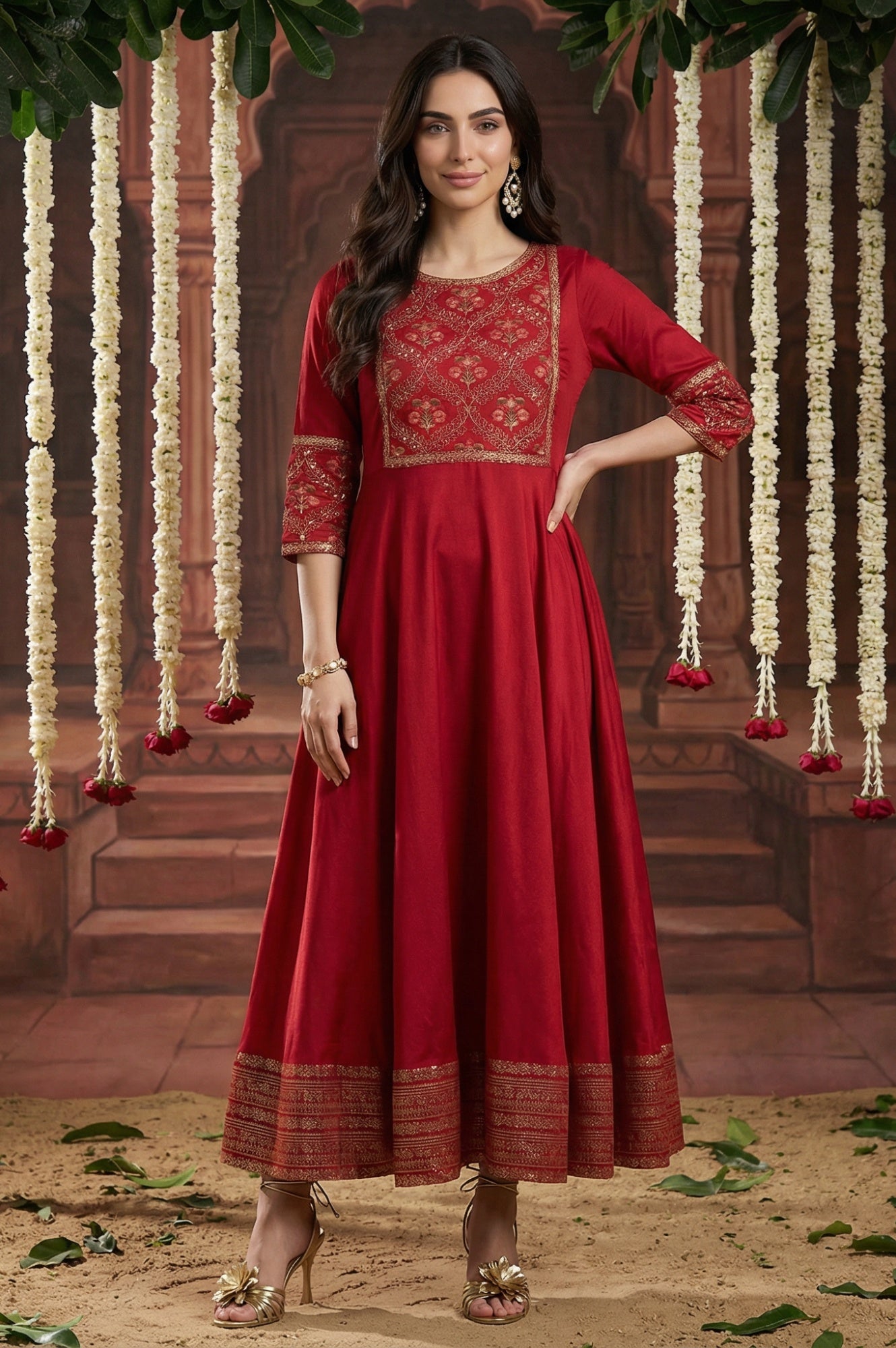Red Panelled Embroidered Festive Dress