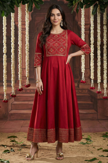 Red Panelled Embroidered Festive Dress