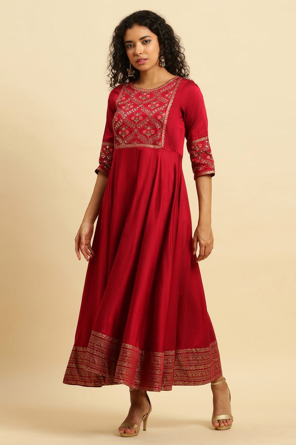 Red Panelled Embroidered Festive Dress