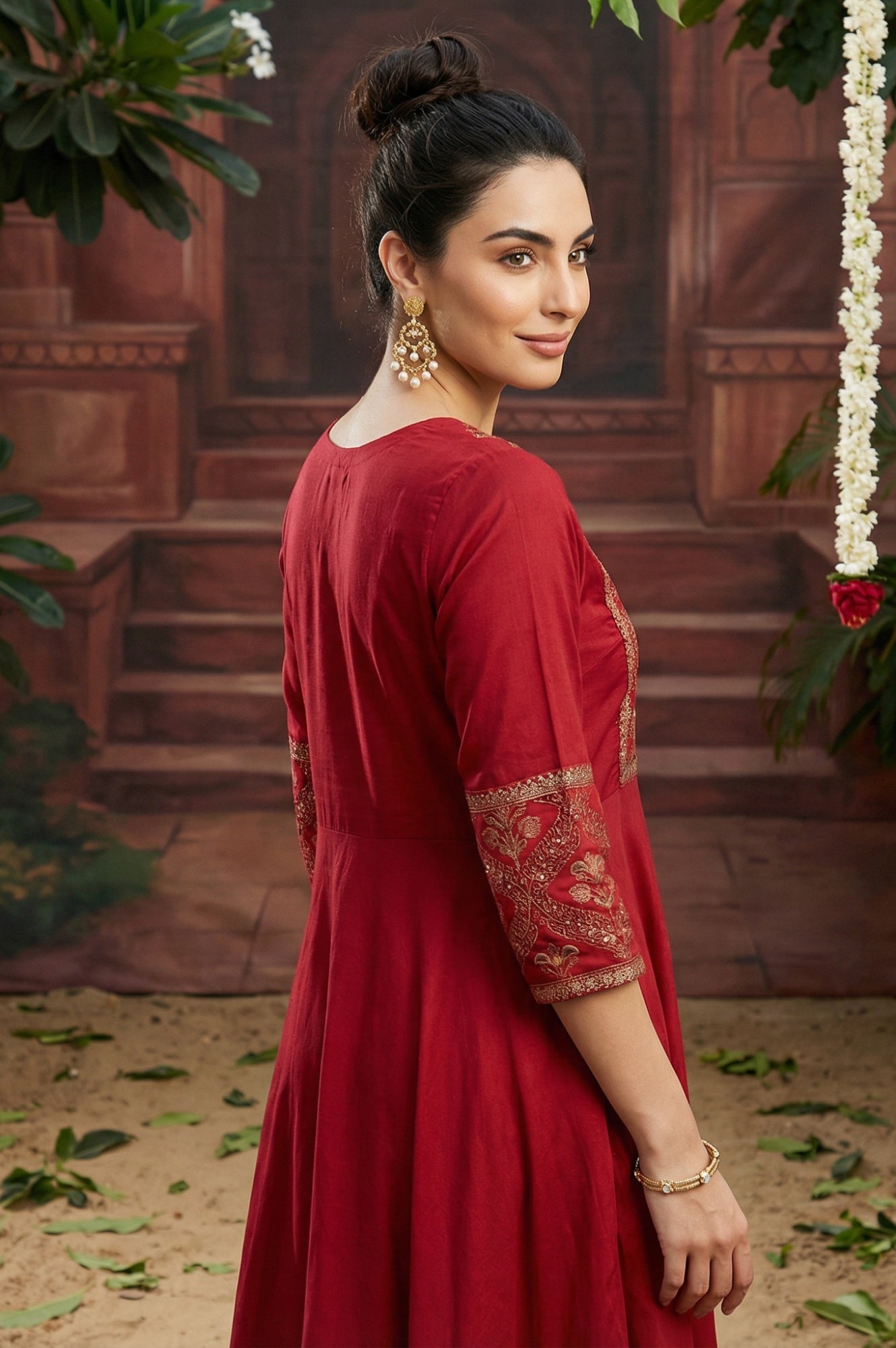 Red Panelled Embroidered Festive Dress
