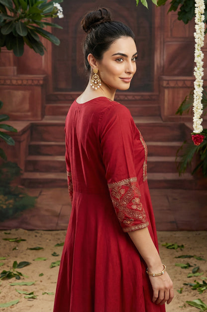 Red Panelled Embroidered Festive Dress