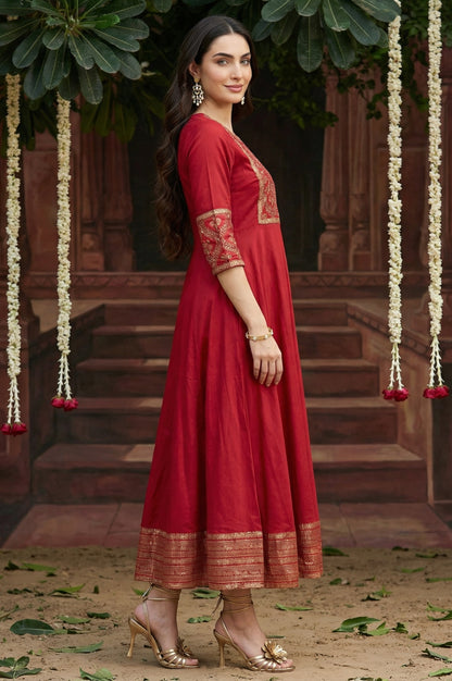 Red Panelled Embroidered Festive Dress