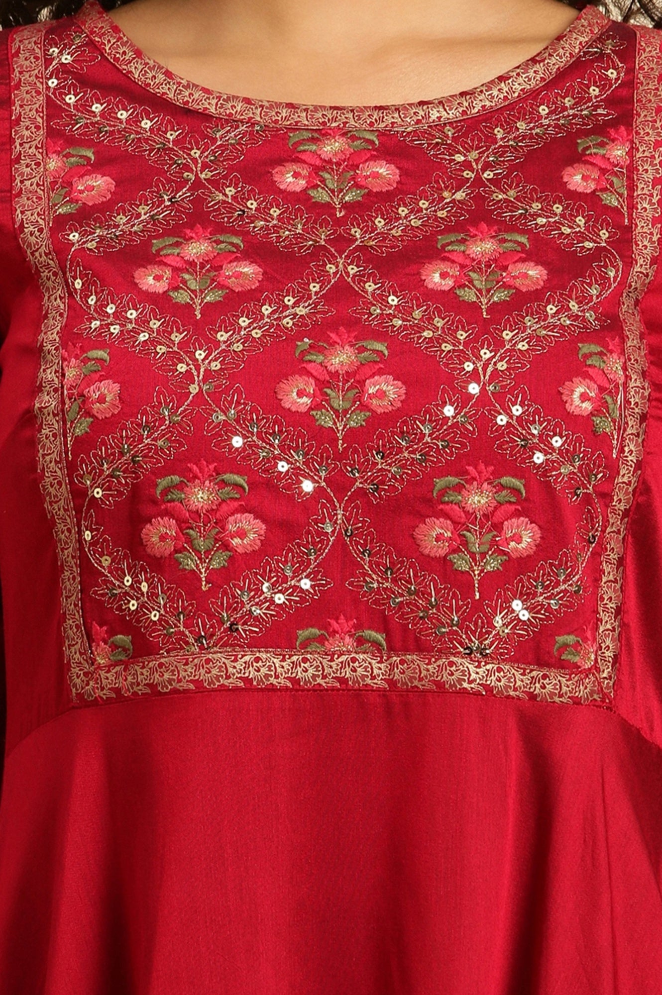 Red Panelled Embroidered Festive Dress