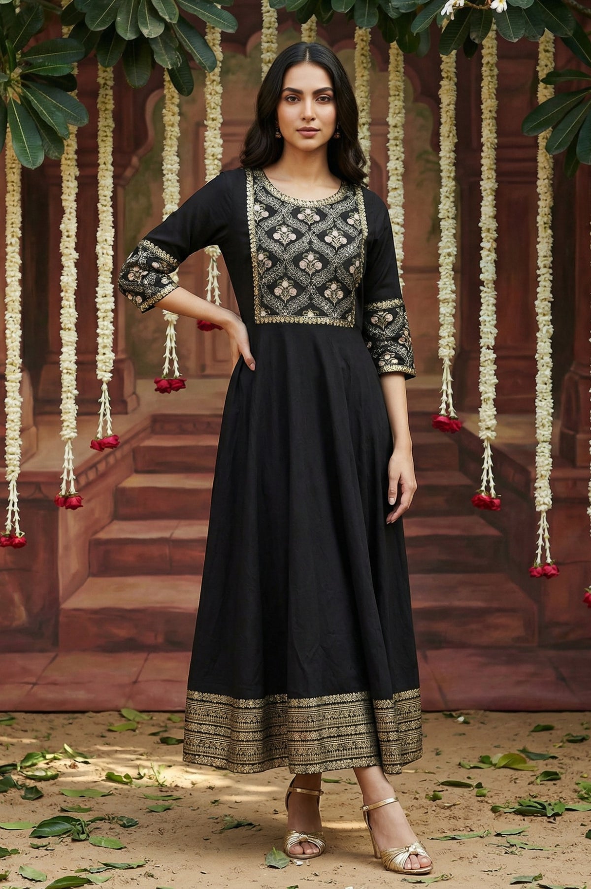 Black Panelled Embroidered Festive Dress - XS