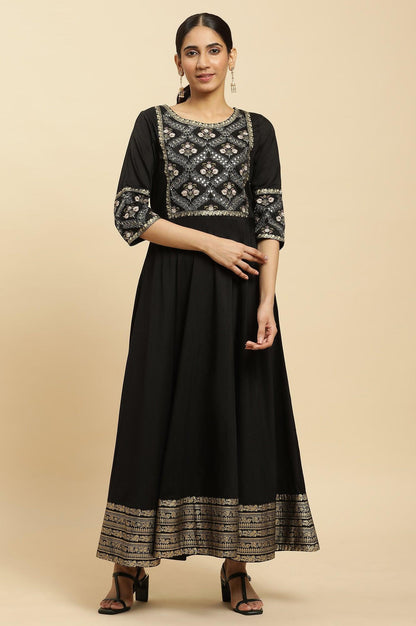 Black Panelled Embroidered Festive Dress - wforwoman