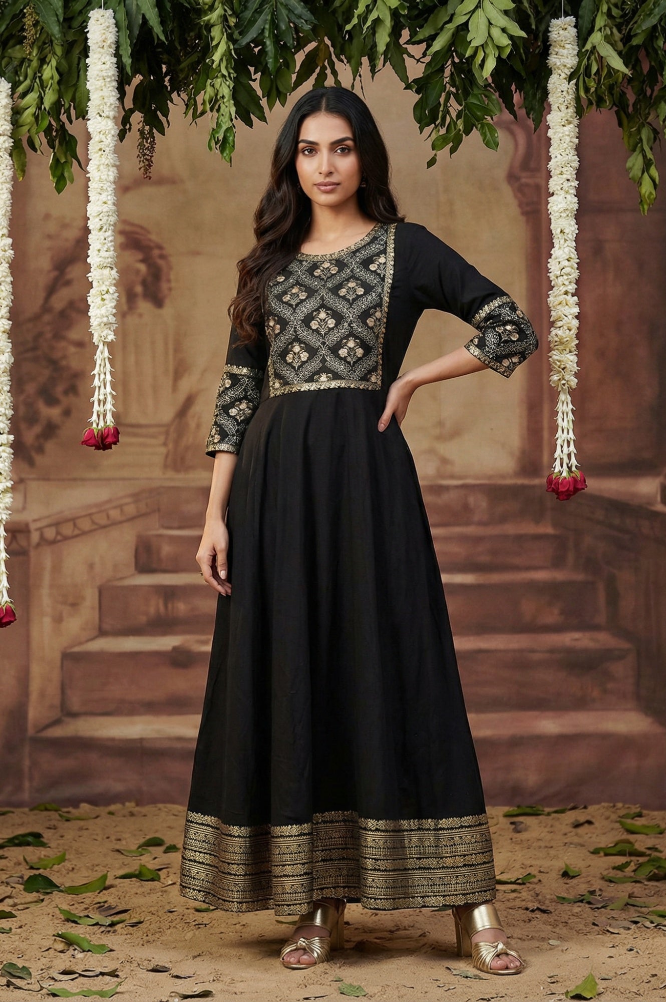 Black Panelled Embroidered Festive Dress
