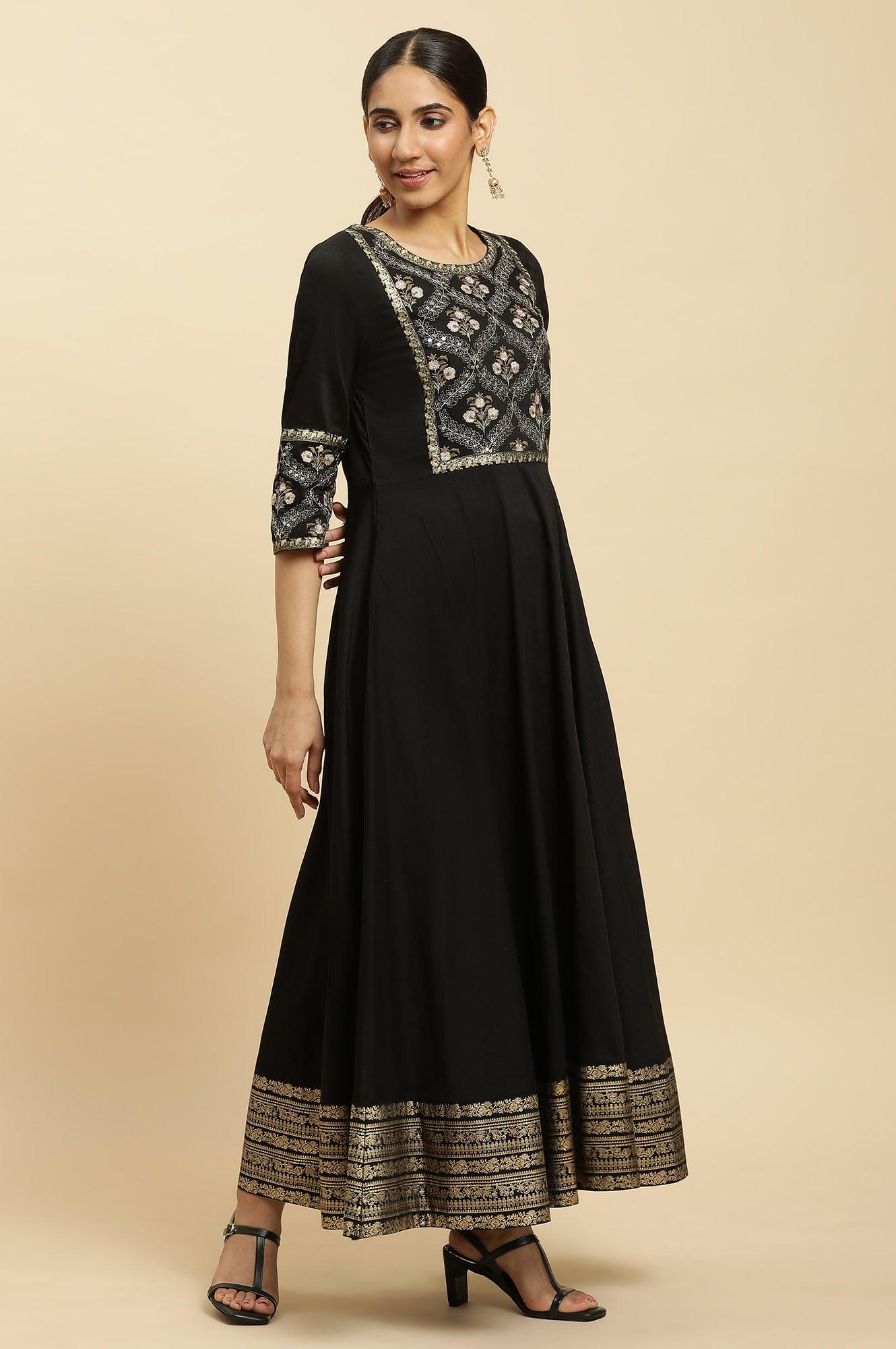 Black Panelled Embroidered Festive Dress - wforwoman