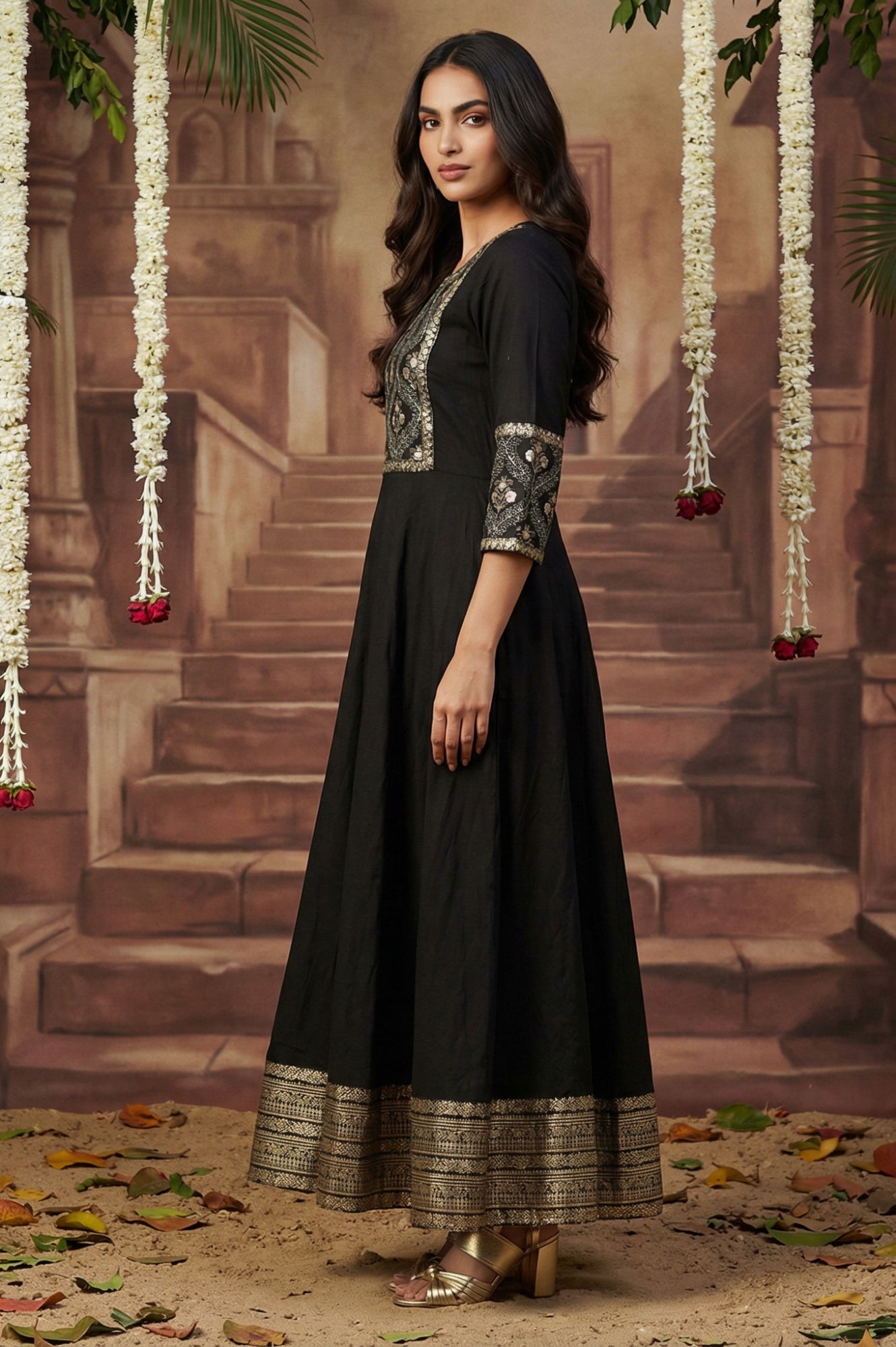 Black Panelled Embroidered Festive Dress