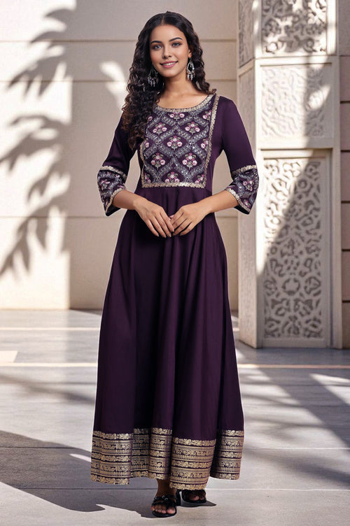 Buy Purple Embroidered Festive Panelled Dress Online for Woman | WforWoman Buy Purple Embroidered Festive Panelled Dress Online for Woman | WforWoman