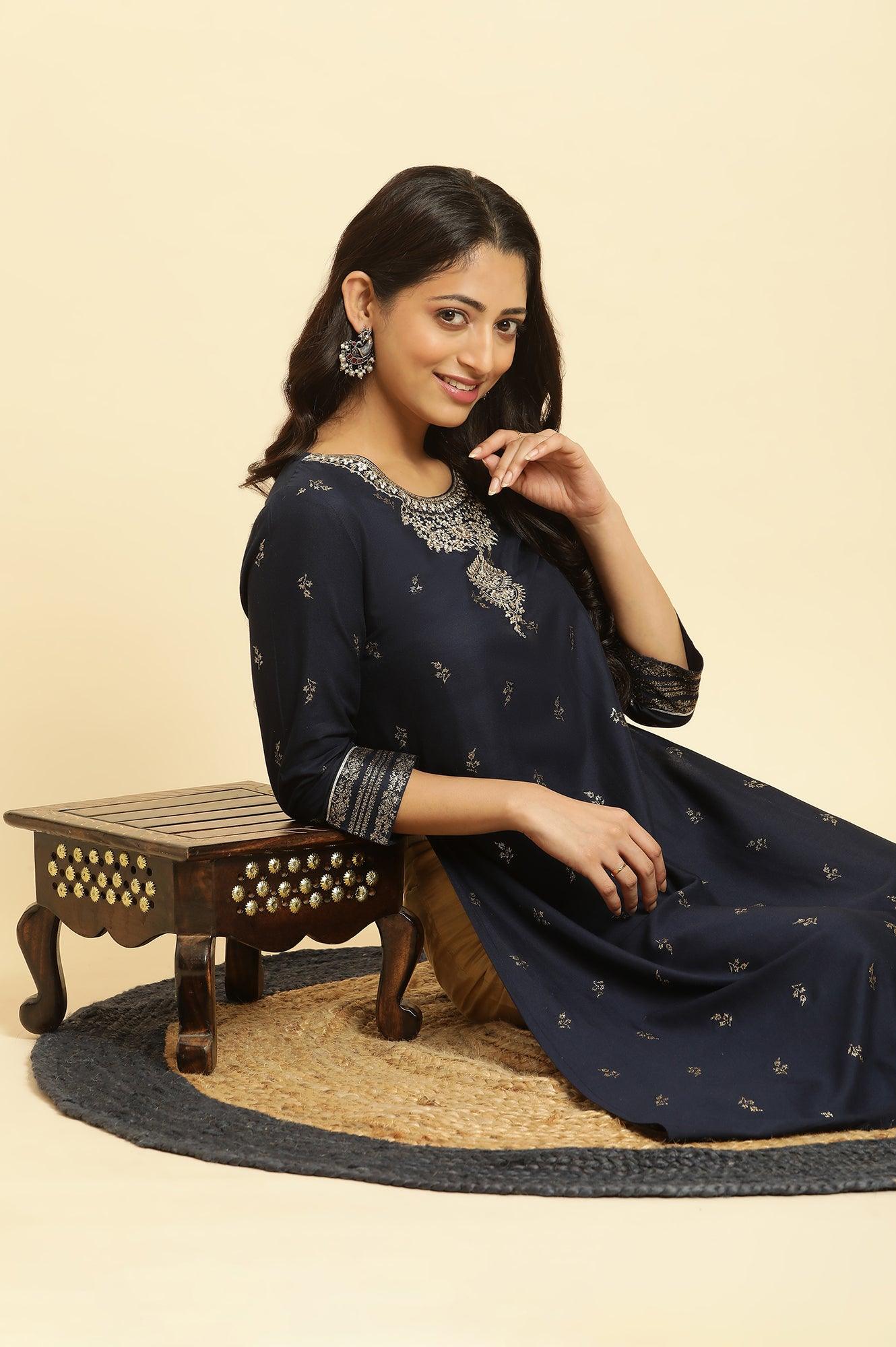 Navy Blue Floral Glitter Printed Kurta - wforwoman