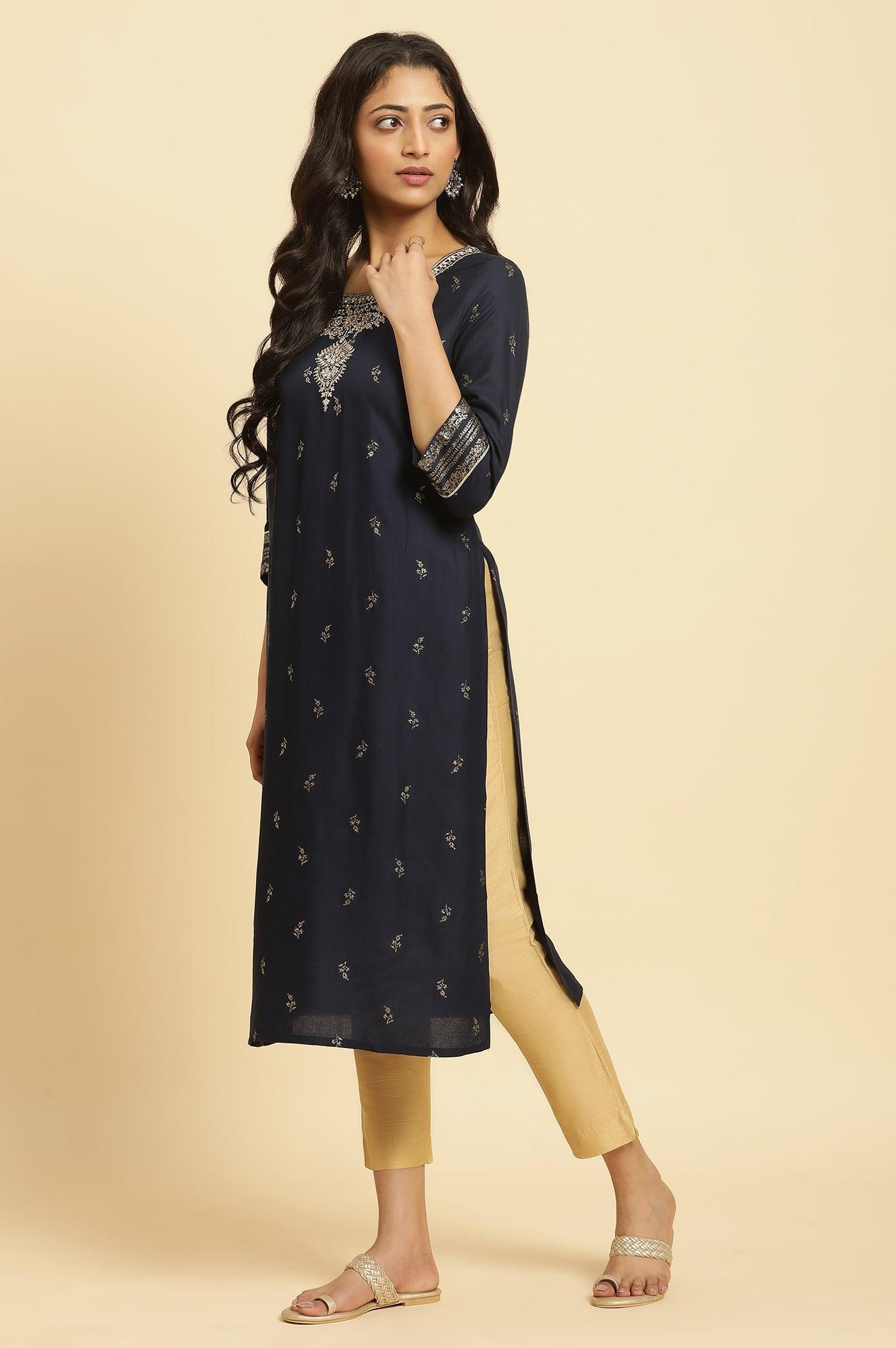 Navy Blue Floral Glitter Printed Kurta - wforwoman