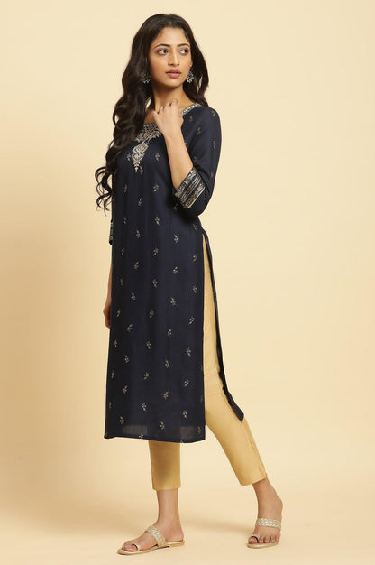 Navy Blue Floral Glitter Printed Kurta - wforwoman