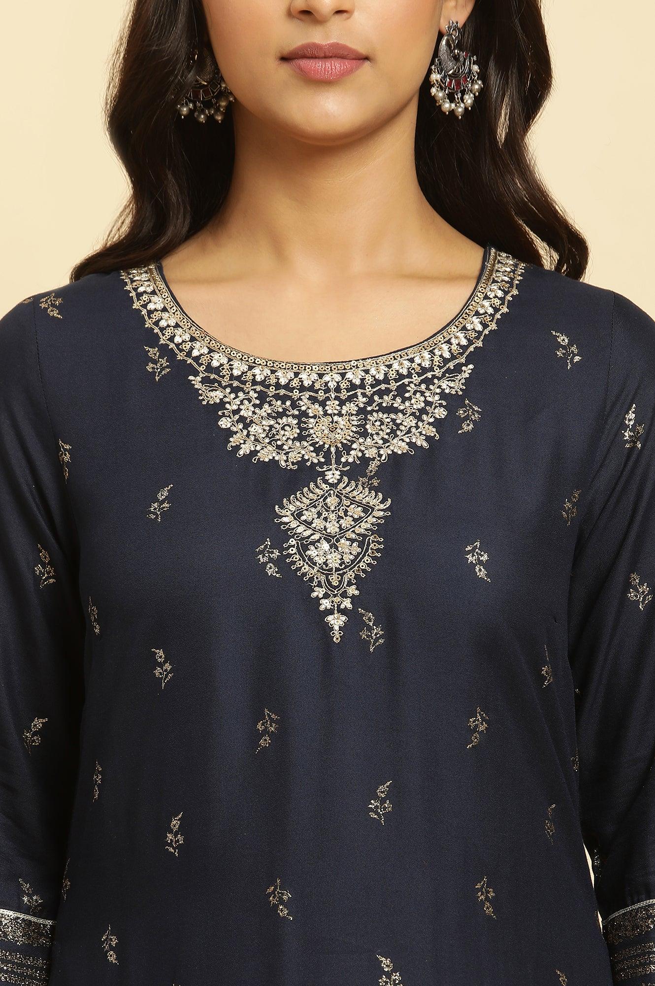 Navy Blue Floral Glitter Printed Kurta - wforwoman
