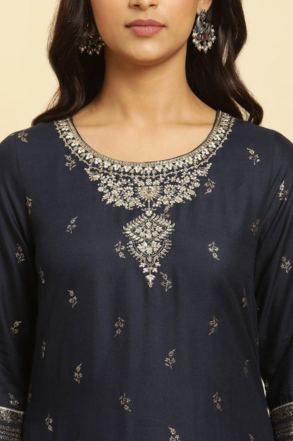 Navy Blue Floral Glitter Printed Kurta - wforwoman