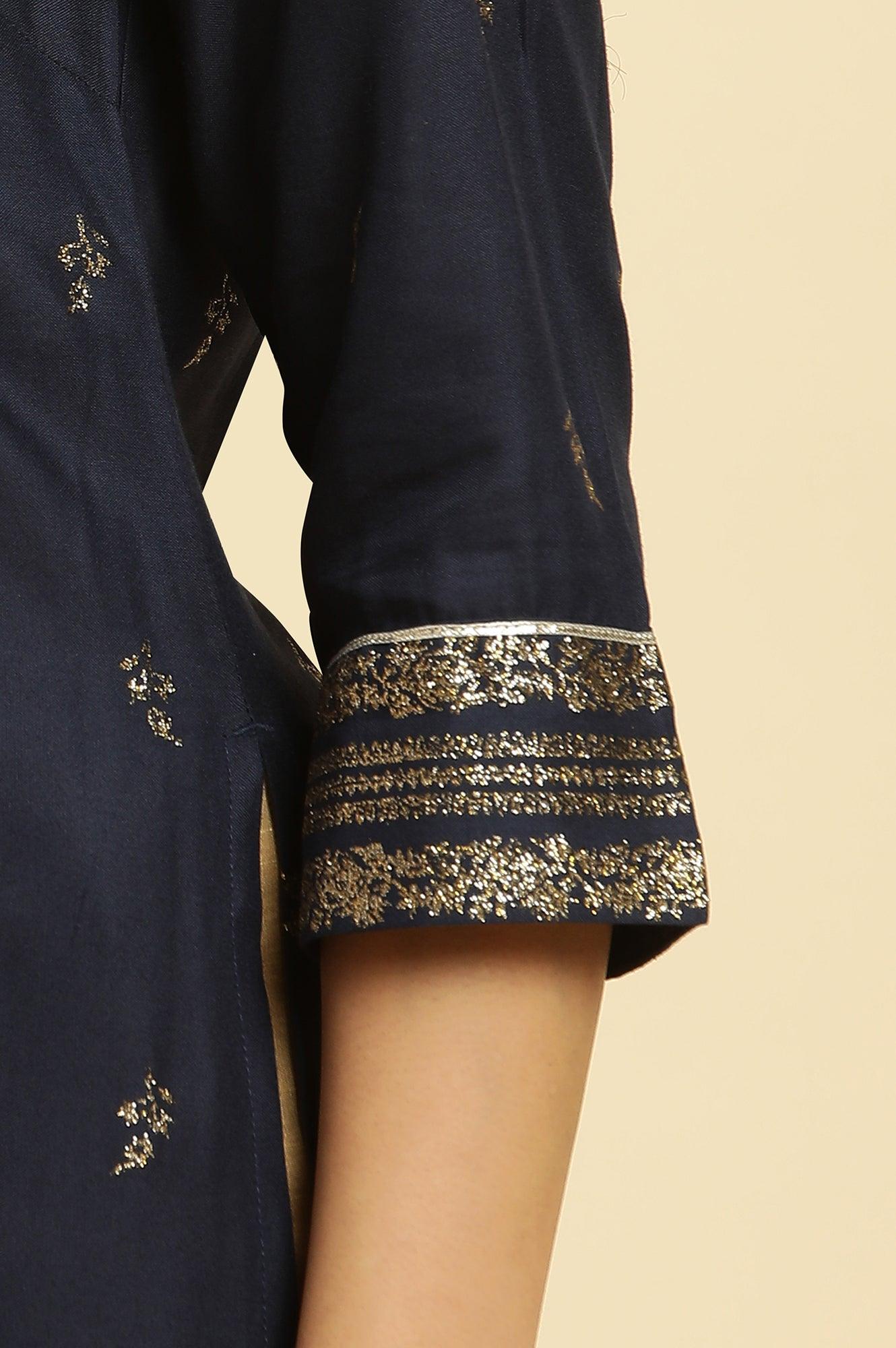 Idalia Women's Navy Blue & Gold Print Rayon Kurta With Pants Set - 3/4 Sleeves, Round Neck, Size L