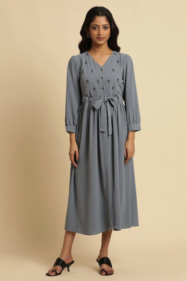 Dusk Blue Embroidered Gathered Dress