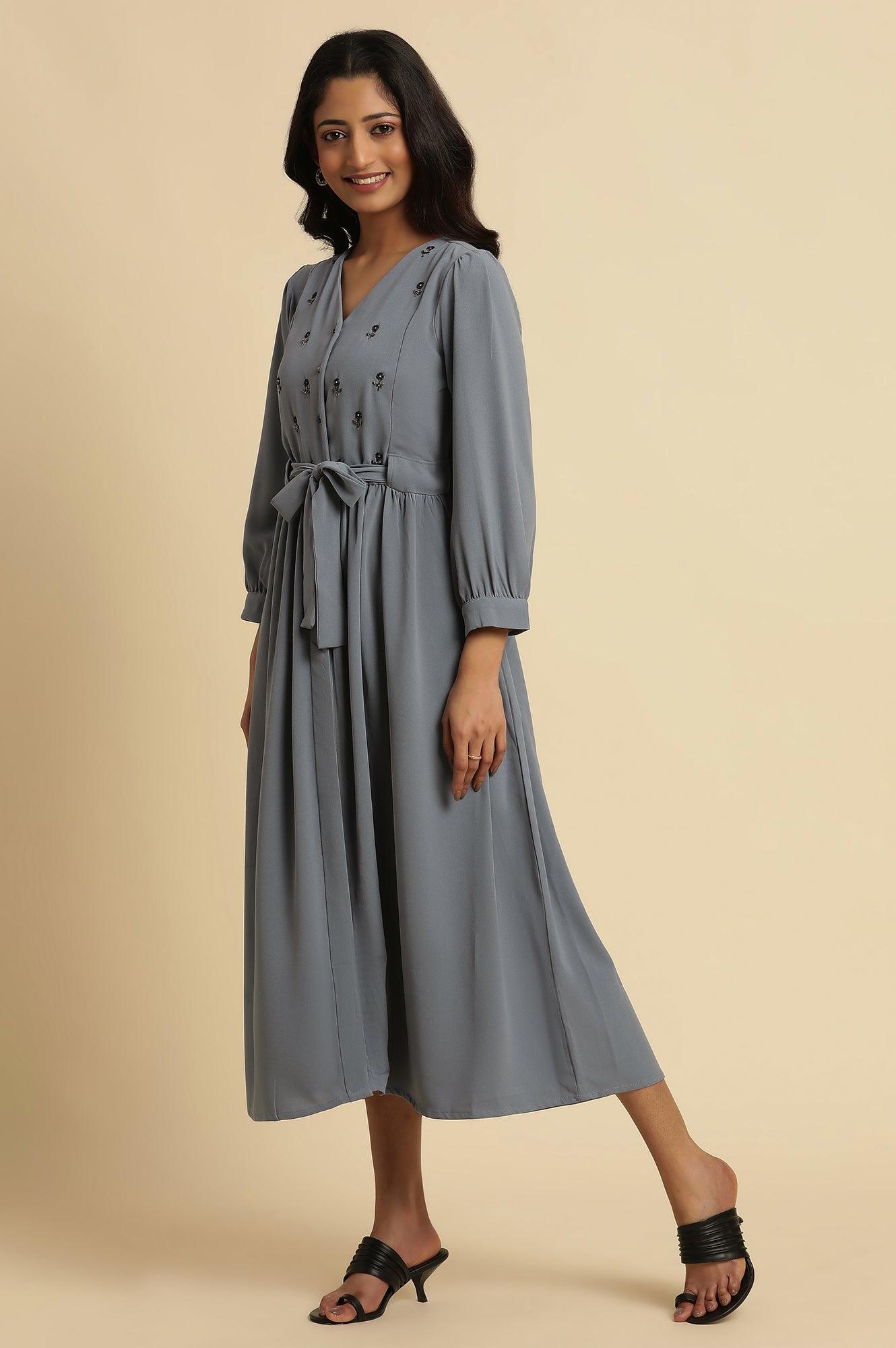 Dusk Blue Embroidered Gathered Dress - wforwoman