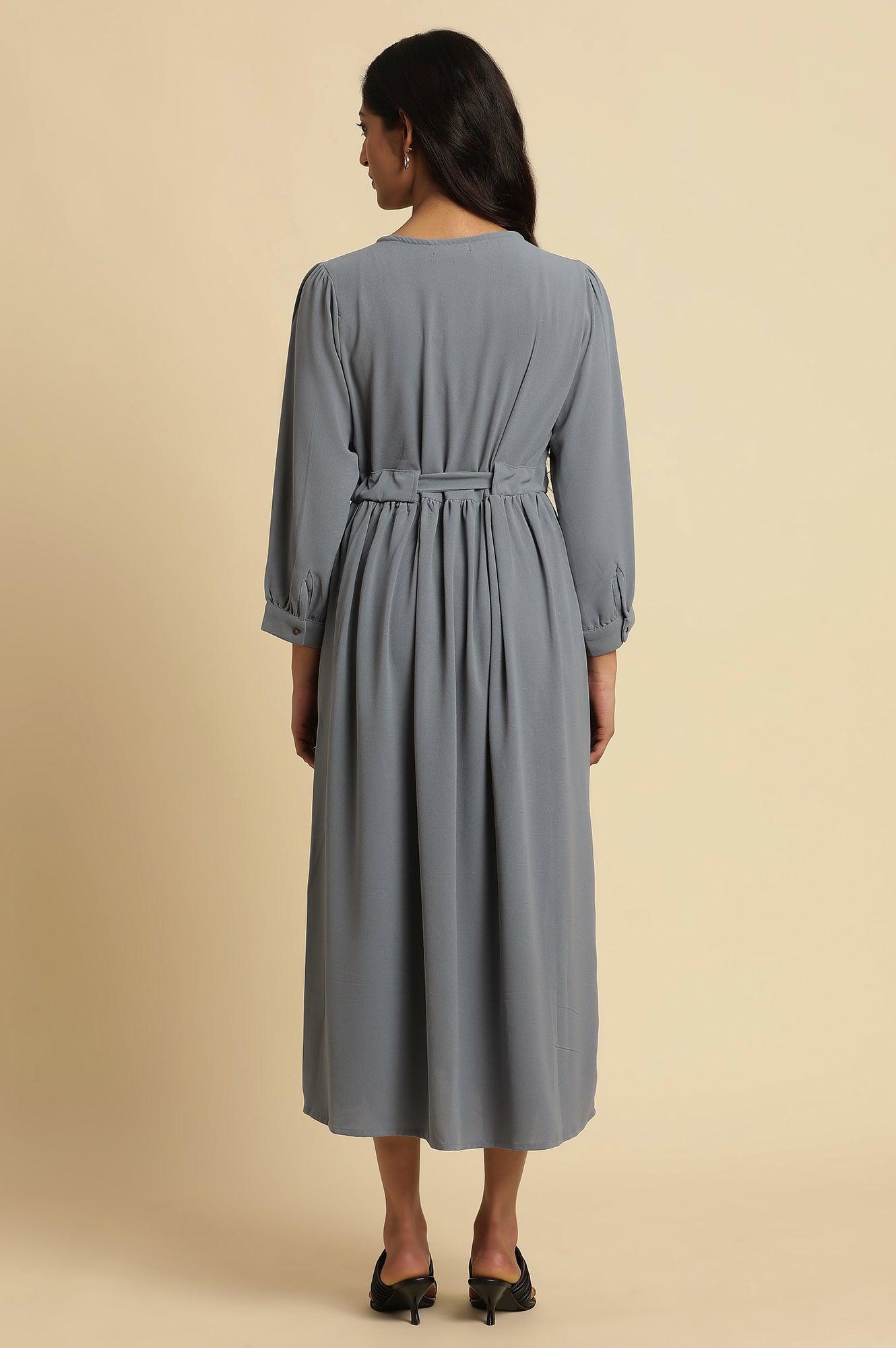 Dusk Blue Embroidered Gathered Dress - wforwoman