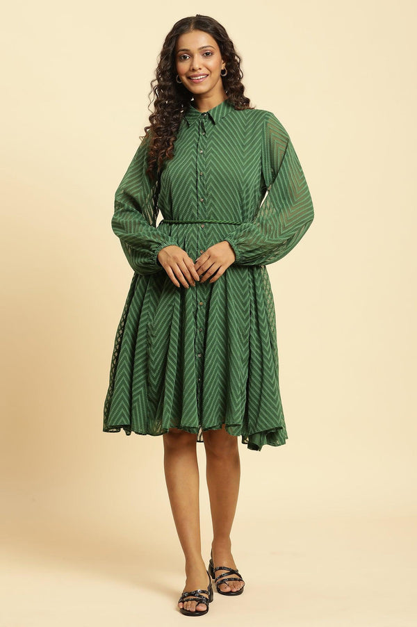 Green Shirt Collar Flared Western Dress