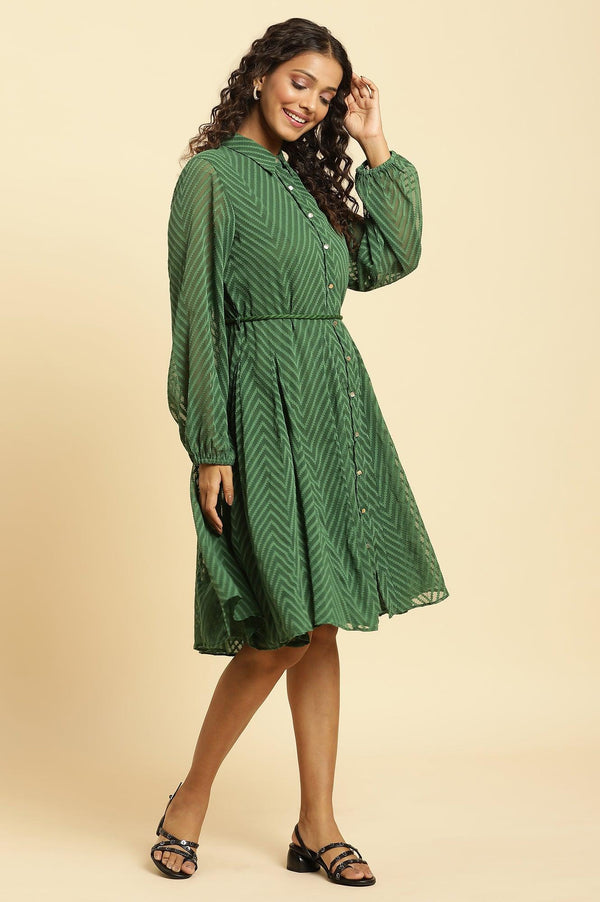 Green Shirt Collar Flared Western Dress