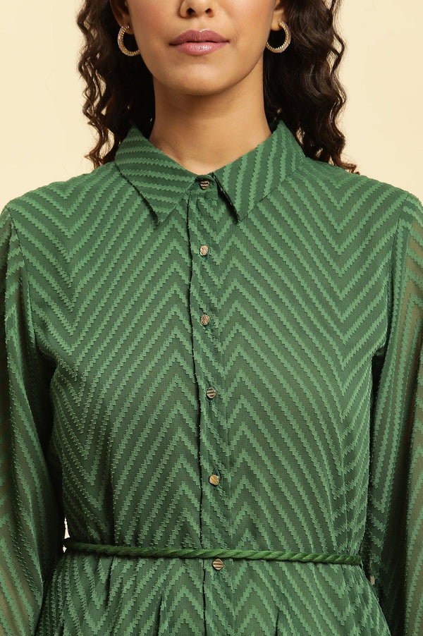 Green Shirt Collar Flared Western Dress