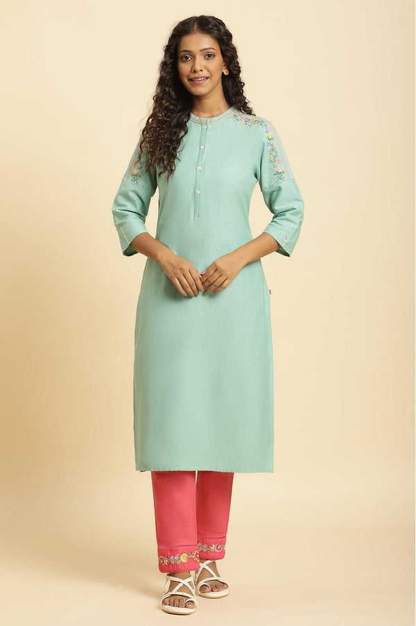 Mint Blue Solid Kurta With Embroidery On Shoulder