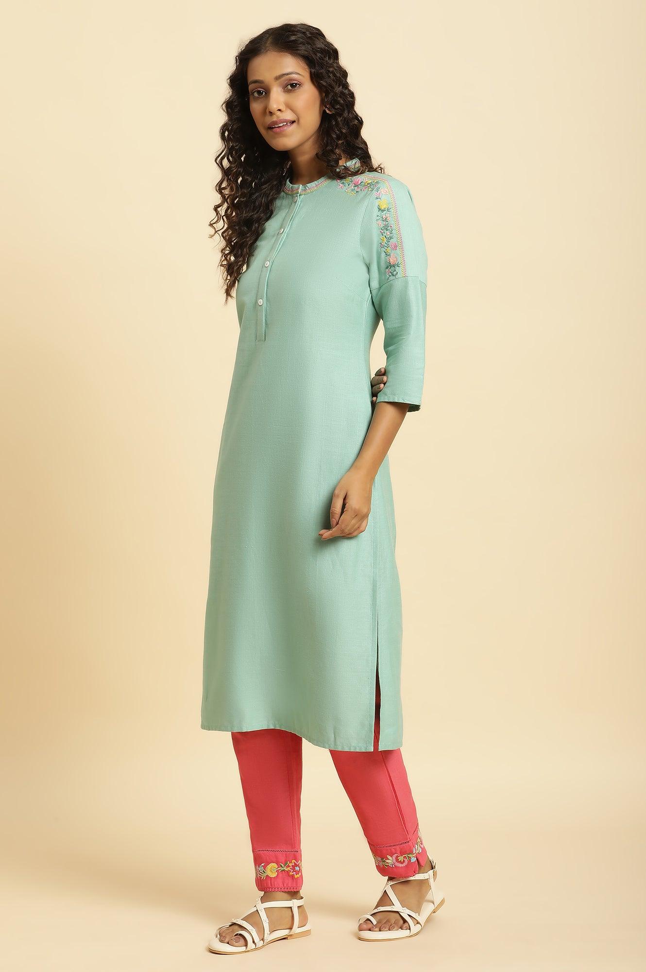 Mint Blue Solid Kurta With Embroidery On Shoulder - wforwoman