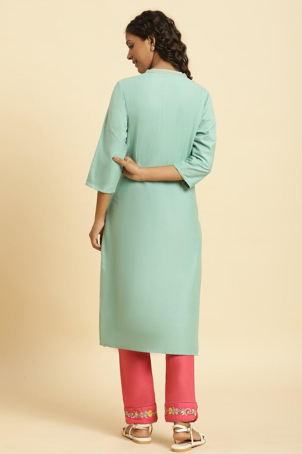 Mint Blue Solid Kurta With Embroidery On Shoulder