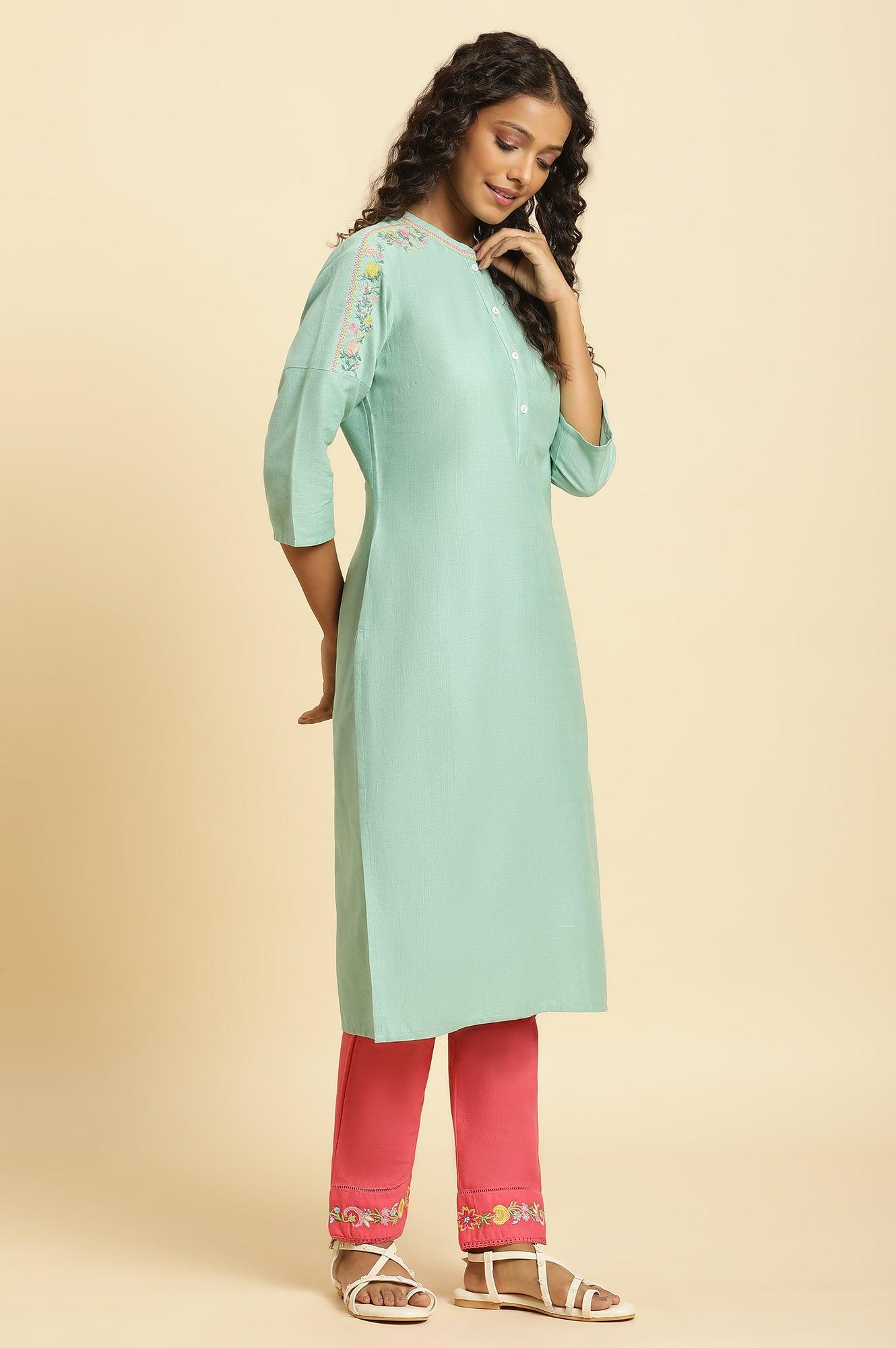 Mint Blue Solid Kurta With Embroidery On Shoulder - wforwoman