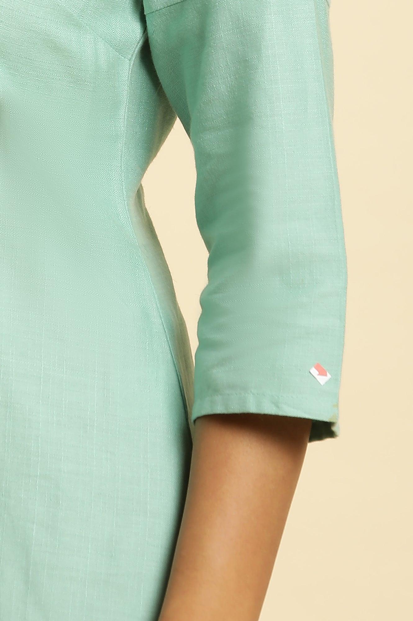 Mint Blue Solid Kurta With Embroidery On Shoulder - wforwoman