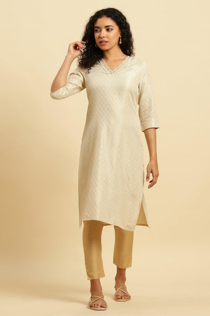 Ecru Embroidered Cotton Zari Festive Kurta - wforwoman