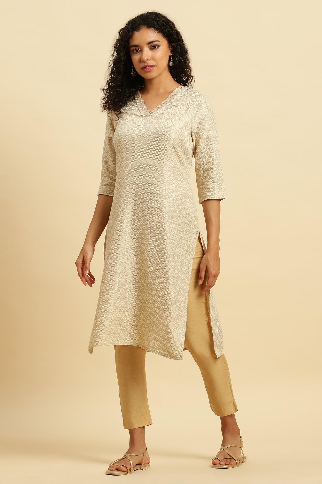 Ecru Embroidered Cotton Zari Festive Kurta - wforwoman